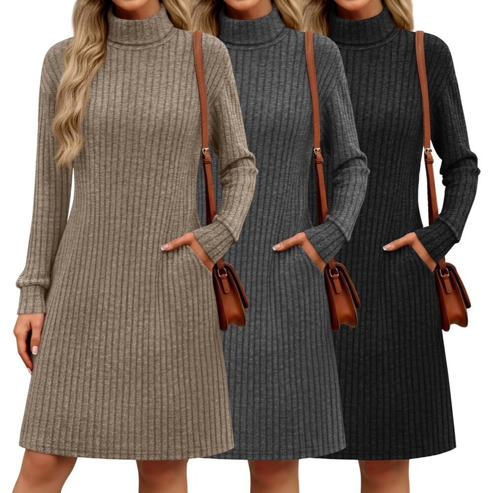 Women's Long Sleeve Sweater Dress 3 Pack Ribbed Knit Turtleneck Casual